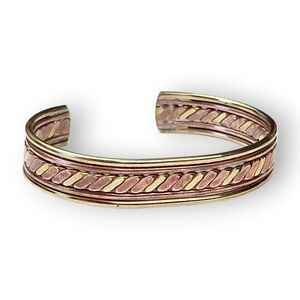 Copper Brass Cuff Bracelet Two Tone Alternating Stripe Flattened Twist Unisex 7"